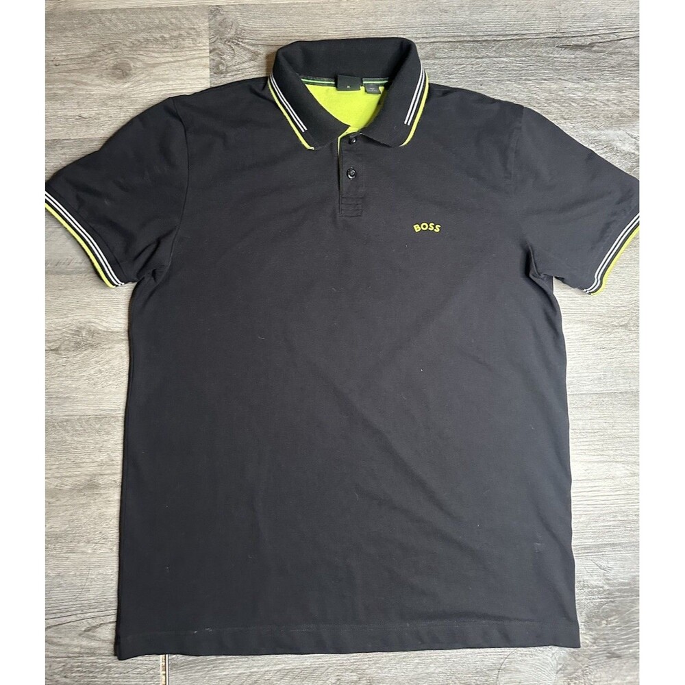 HUGO BOSS Mens Stretch Cotton Slim Fit Polo Shirt Black Neon Green XL Curved